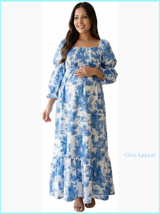 Dresses & Skirts - Ruffle Ruched High Waist Puff Sleeve Maternity Maxi Dress Long Sleeve